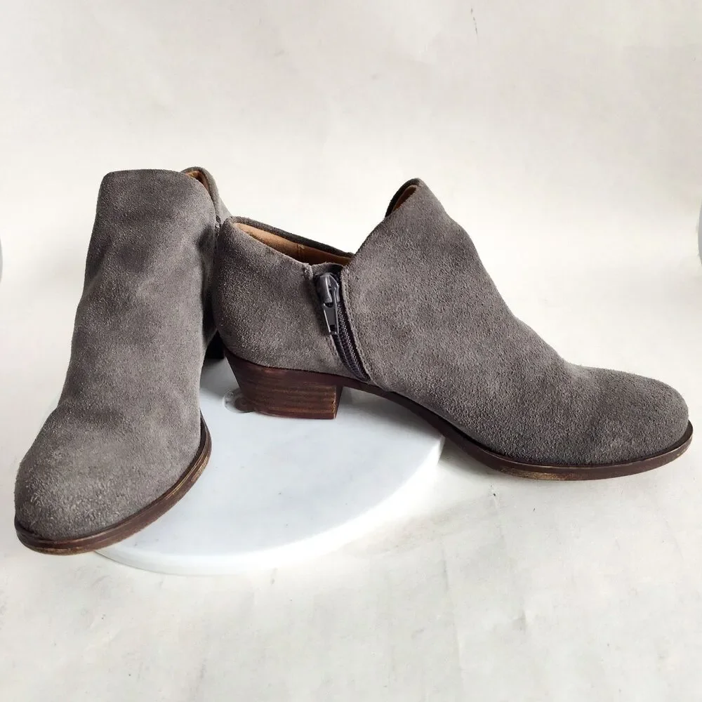 Lucky Brand Brett Gray Suede Ankle Boots Size 6 Zip Low Top‎ Boho Preppy Braided